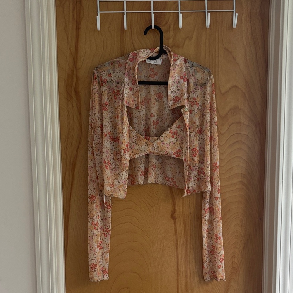 Sage Floral Blouse and Crop Top Set - Multicolor